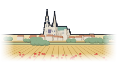 Chartres cathedral's two spires on the horizon, across the wheat fields of the Beauce